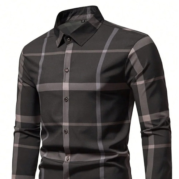 Black Casual Mens Plaid Print Shirt - Picture 3 of 5